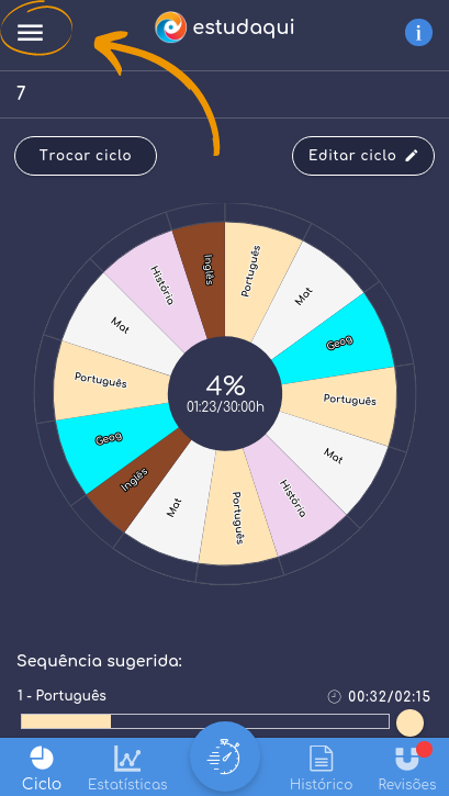 Tela do app com o Menu destacado no canto superior esquerdo