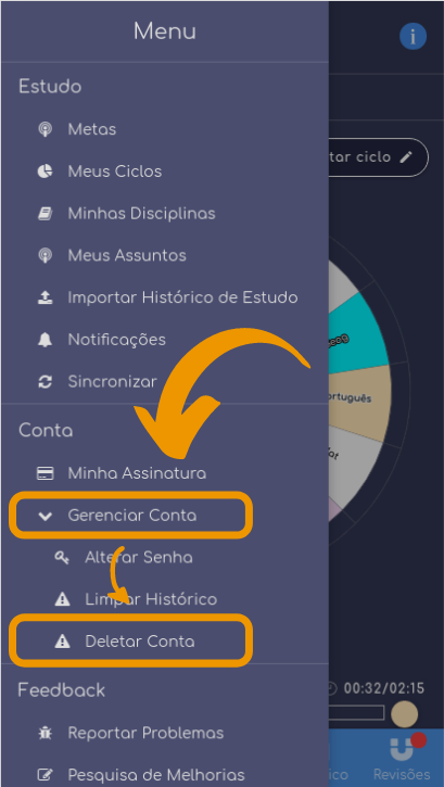 Menu do app com as opções Gerenciar Conta e Deletar Conta destacadas