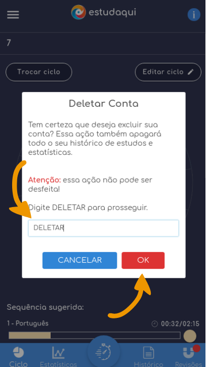 Modal de confirmação da exclusão da conta