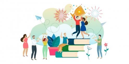 Pessoas celebrando ao redor de livros